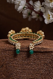 Gold Finish Kundan Polki Floral Kada In Sterling Silver