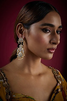 Gold Finish Kundan Polki Peacock Dangler Earrings In Sterling Silver