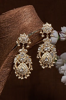 Gold Finish Kundan Polki Peacock Dangler Earrings In Sterling Silver