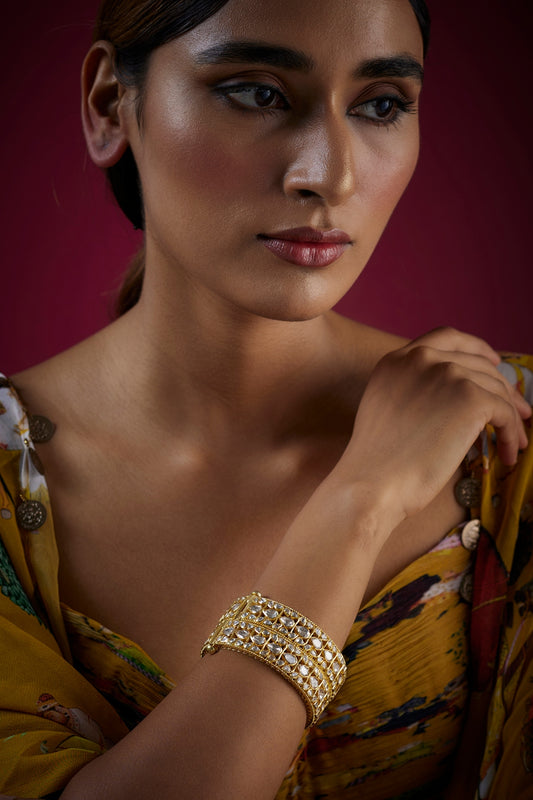 Gold Finish Kundan Polki Bangle In Sterling Silver (Set of 2)
