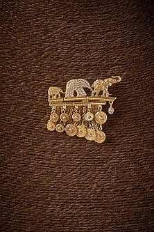 Gold Finish Kundan Polki Elephant Brooch In Sterling Silver