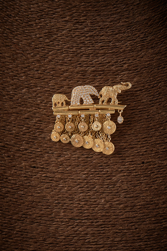 Gold Finish Kundan Polki Elephant Brooch In Sterling Silver