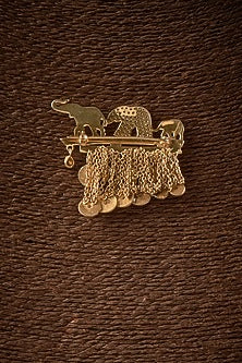 Gold Finish Kundan Polki Elephant Brooch In Sterling Silver