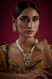 Gold Finish Kundan Polki Long Necklace Set In Sterling Silver