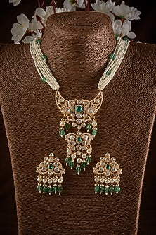 Gold Finish Kundan Polki Long Necklace Set In Sterling Silver