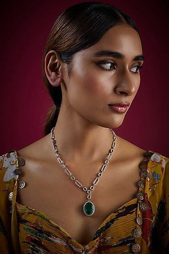 White Finish Zircon & Green Stone Long Necklace In Sterling Silver