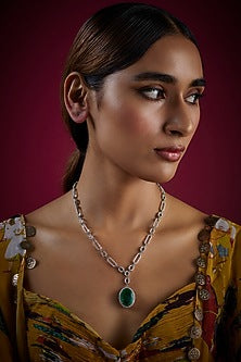 White Finish Zircon & Green Stone Long Necklace In Sterling Silver