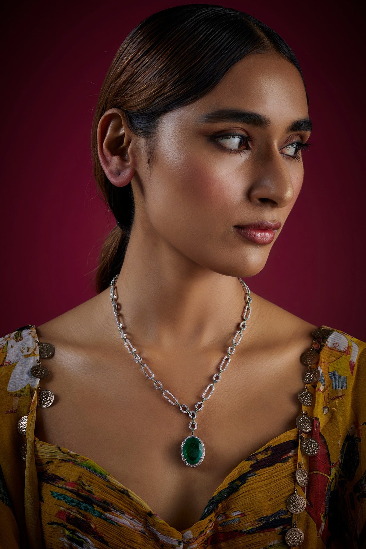 White Finish Zircon & Green Stone Long Necklace In Sterling Silver