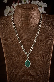 White Finish Zircon & Green Stone Long Necklace In Sterling Silver