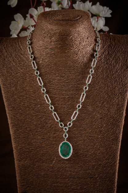 White Finish Zircon & Green Stone Long Necklace In Sterling Silver