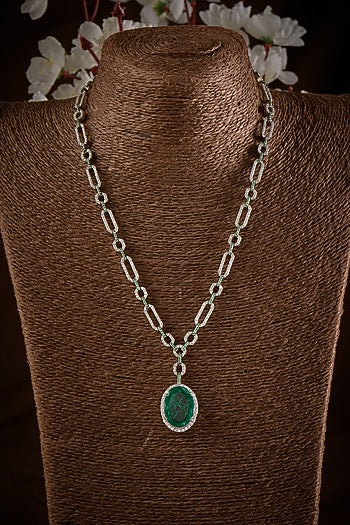 White Finish Zircon & Green Stone Long Necklace In Sterling Silver