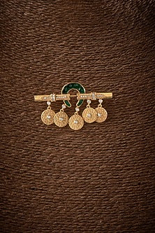 Gold Finish Kundan Polki Brooch In Sterling Silver
