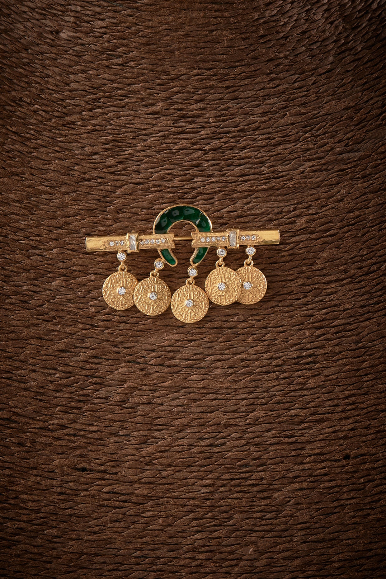 Gold Finish Kundan Polki Brooch In Sterling Silver