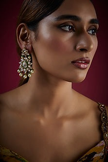 Gold Finish Kundan Polki Dangler Earrings In Sterling Silver