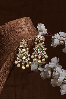Gold Finish Kundan Polki Dangler Earrings In Sterling Silver
