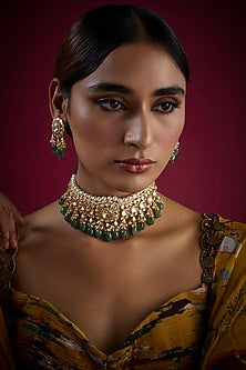 Gold Finish Kundan Polki Choker Necklace Set In Sterling Silver