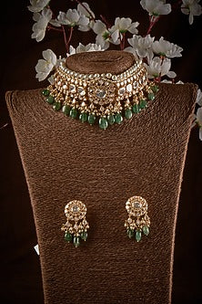Gold Finish Kundan Polki Choker Necklace Set In Sterling Silver