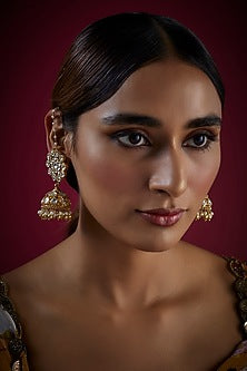 Gold Finish Kundan Polki Jhumka Earrings In Sterling Silver