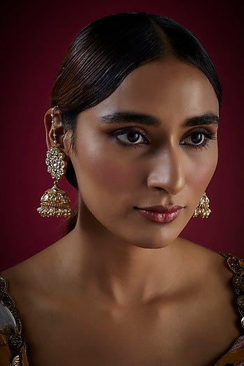 Gold Finish Kundan Polki Jhumka Earrings In Sterling Silver