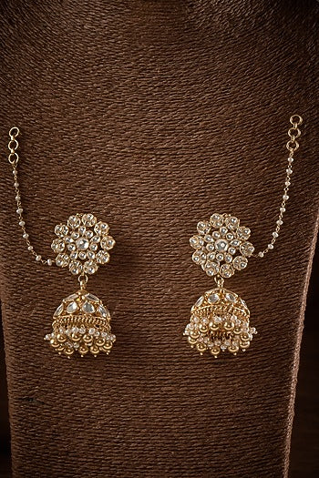 Gold Finish Kundan Polki Jhumka Earrings In Sterling Silver