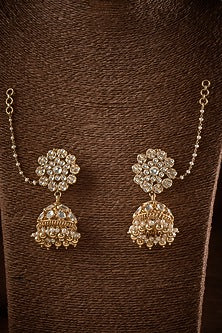 Gold Finish Kundan Polki Jhumka Earrings In Sterling Silver