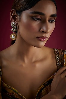 Gold Finish Kundan Polki Dangler Earrings In Sterling Silver