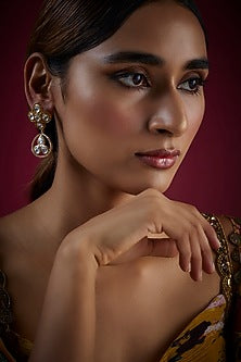 Gold Finish Kundan Polki Dangler Earrings In Sterling Silver