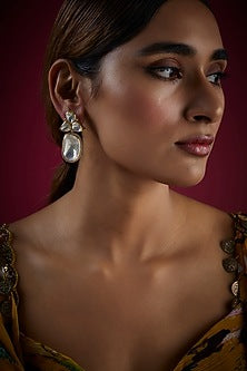 Gold Finish Kundan Polki Dangler Earrings In Sterling Silver