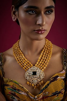 Gold Finish Pearl & Kundan Polki Long Necklace In Sterling Silver