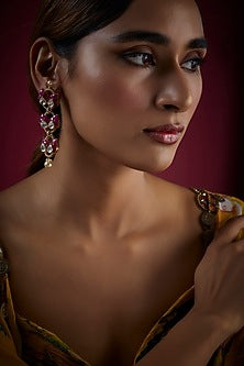Gold Finish Kundan Polki Dangler Earrings In Sterling Silver