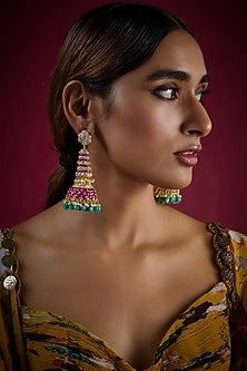 Gold Finish Kundan Polki Dangler Earrings In Sterling Silver