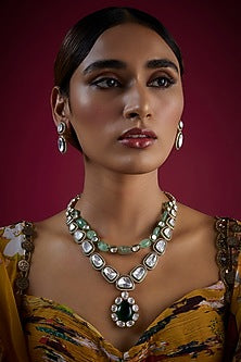 Gold Finish Kundan Polki & Green Stone Long Necklace Set In Sterling Silver