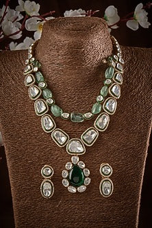 Gold Finish Kundan Polki & Green Stone Long Necklace Set In Sterling Silver