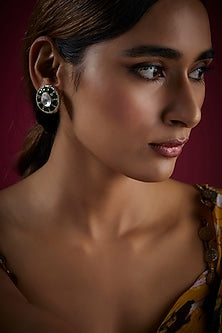 Gold Finish Kundan Polki Stud Earrings In Sterling Silver