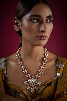 Gold Finish Kundan Polki Long Necklace In Sterling Silver