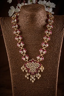 Gold Finish Kundan Polki Long Necklace In Sterling Silver