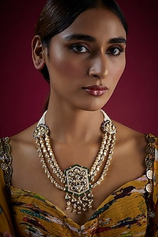 Gold Finish Kundan Polki Long Necklace In Sterling Silver
