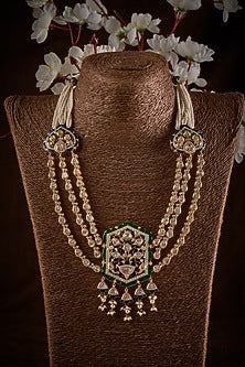 Gold Finish Kundan Polki Long Necklace In Sterling Silver