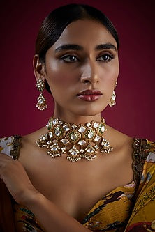 Gold Finish Green Stone & Kundan Polki Choker Necklace Set In Sterling Silver