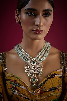 Gold Finish Kundan Polki Long Necklace In Sterling Silver