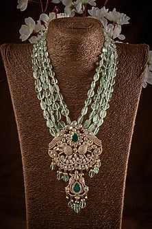 Gold Finish Kundan Polki Long Necklace In Sterling Silver