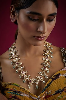 Gold Finish Kundan Polki Long Necklace In Sterling Silver