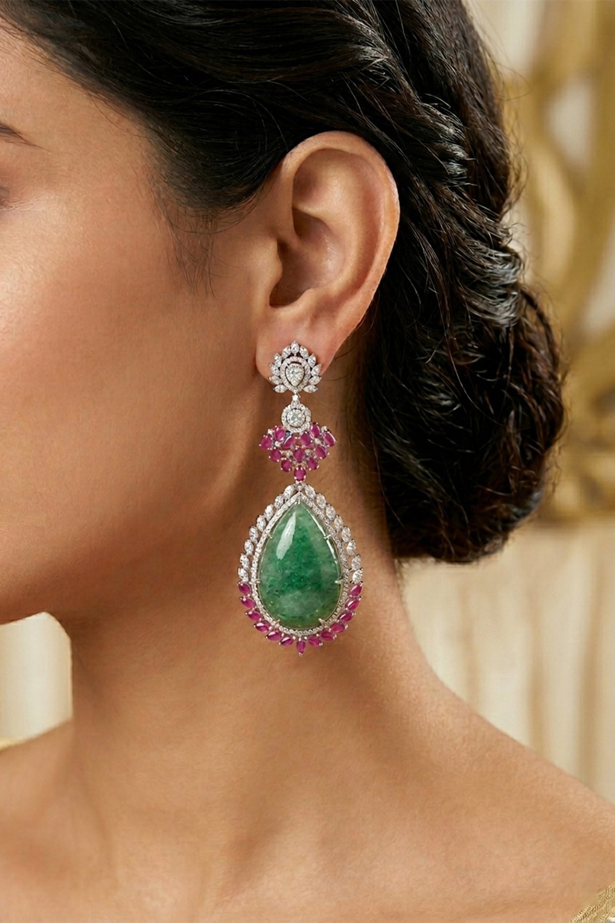 14kt Gold FInish Diamond & Emerald Stone Dangler Earrings