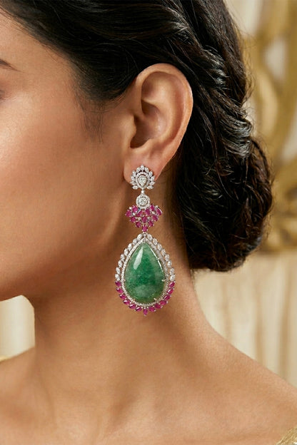 14kt Gold FInish Diamond & Emerald Stone Dangler Earrings