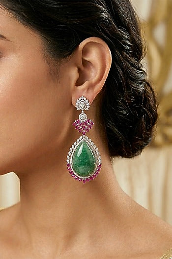 14kt Gold FInish Diamond & Emerald Stone Dangler Earrings