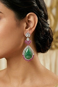 14kt Gold FInish Diamond & Emerald Stone Dangler Earrings