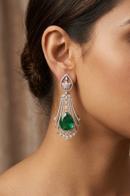 14kt Gold FInish Diamond & Pear-Shaped Emerald Stone Dangler Earrings