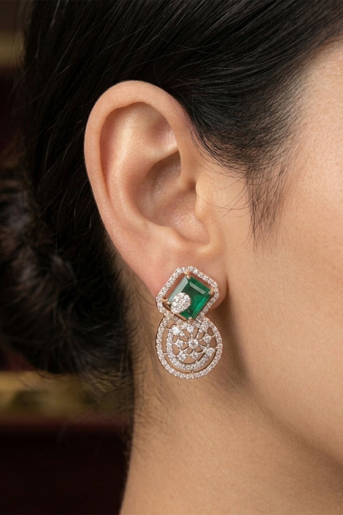 14kt Gold FInish Diamond & Emerald Stone Stud Earrings