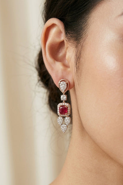 18kt Gold Finish Diamond & Ruby Stone Dangler Earrings