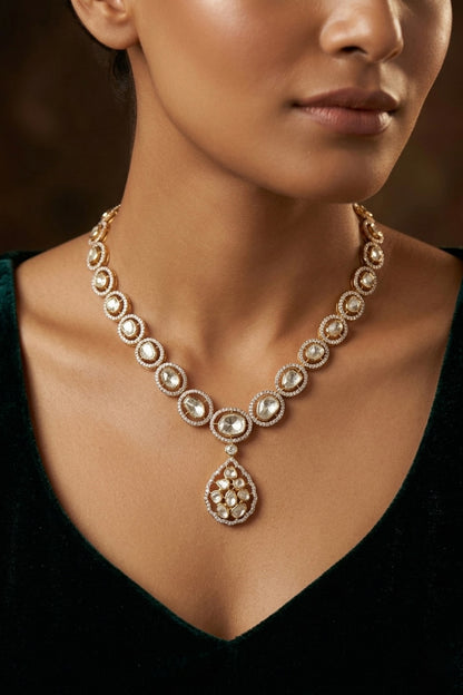 14kt Gold Finish Kundan Polki Teardrop Necklace